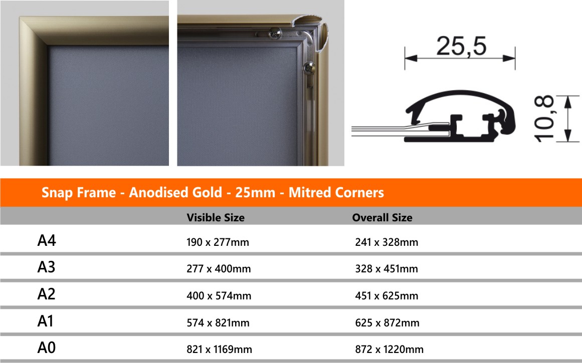 25mm Anodised Gold Snap Frames